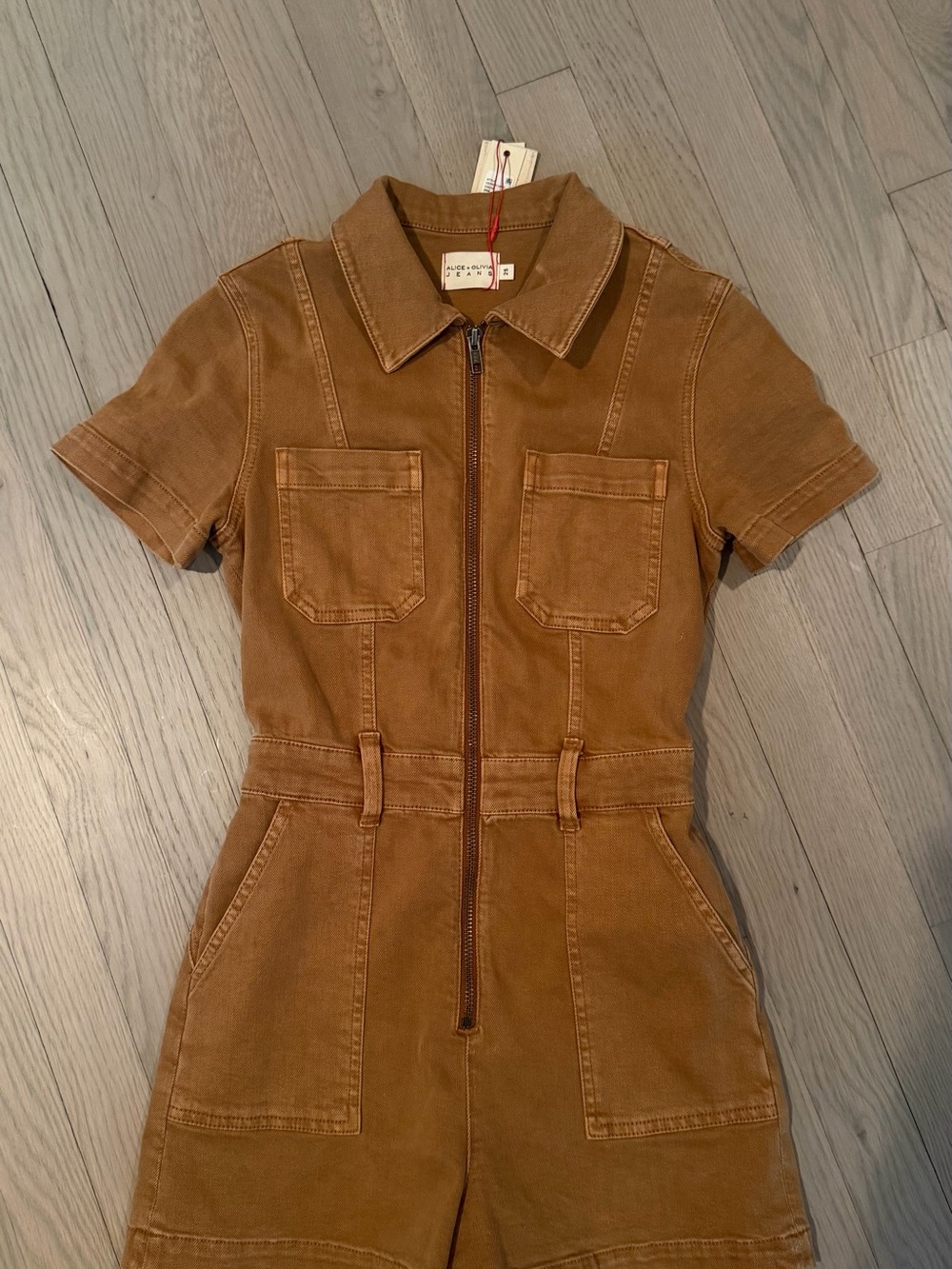 Alice + Olivia Short-Sleeve Denim Jumpsuit Jacket in Brown